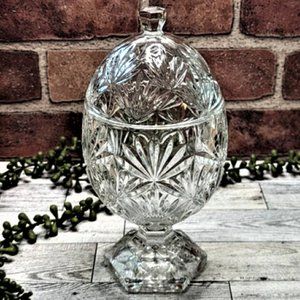 Vintage Teleflora Crystal Cut Glass Egg Shaped Pedestal Candy Dish with Lid